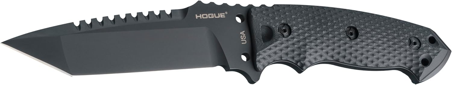 Hogue EX-F01 5.5” A2 Tanto Blade w/Broad Rear Saw Teeth Black Cerakote Finish, G10 Frame Fixed Knife, Solid Black - 35129