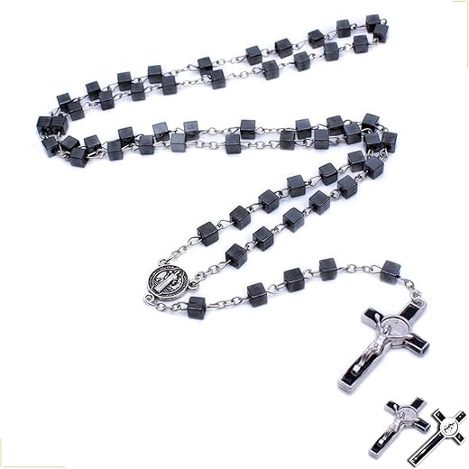 Terço São Bento Hematita 5mm Aço Inox 48cm – Rosário Católico Prateado – Medalha e Crucifixo Dupla Face – Corrente 33,5cm + Pêndulo 13cm - Colar Religioso