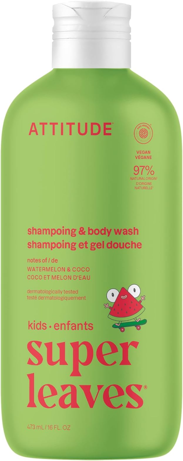 ATTITUDE Shampoo and Body Wash for Kids, EWG Verified, Dermatologically Tested, Plant- and Mineral-Based Ingredients, Vegan and Cruelty-Free, Watermelon and Coco, 16 Fl Oz