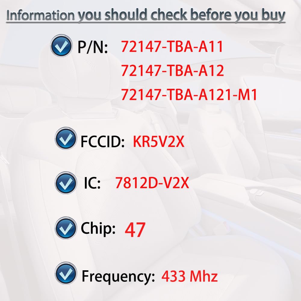 SUPALAND Smart Key Fob Replacement Fits for Honda Civic 2016 2017 2018 2019 2020 2021 Keyless Entry Push Start Remote Control Proximity Keyfob FCC ID:KR5V2X P/N:72147-TBA-A11 5 Button 47CHIP