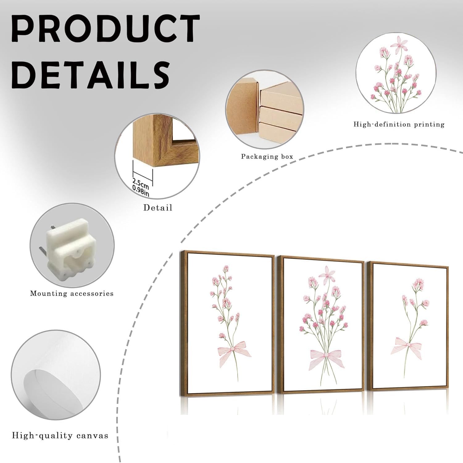 SongZest 3 Piece Pink Floral Framed Wall Art Boho Flower Nursery Canvas Art Prints Wildflower Bow Pictures Wall Decor Cute Paintings Artwork for Girl Bedroom Bathroom 16x24in