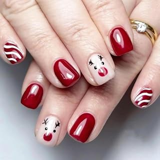Christmas Short Square Press on Nails Winter Xmas Red and White Stripe Reindeer Designs Pink Glossy False Nail Full Cover Christmas Acrylic Stick on Nails for Women Nail Art DIY 24 Pcs