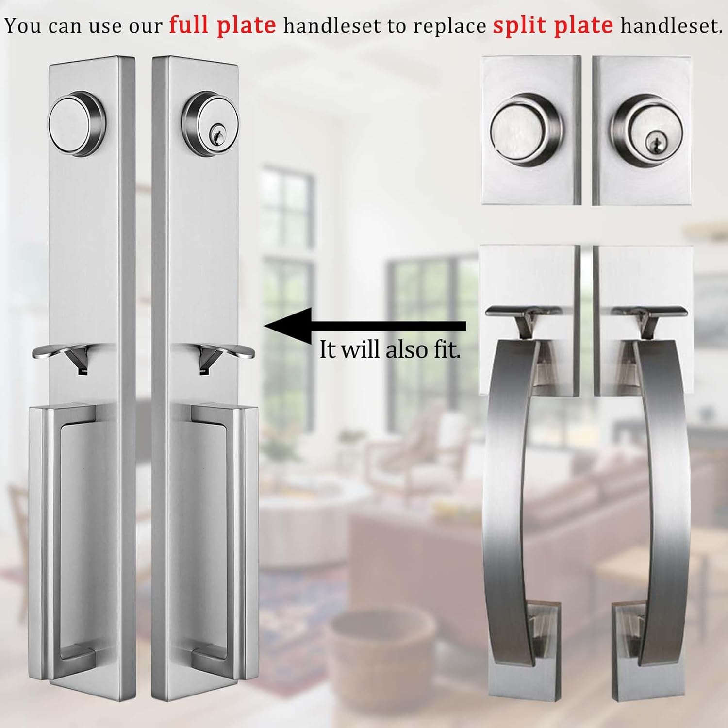 TMC Double Door Handlset for Front Door Brushed Nickel Finish (Keyed Entry Handle and Dummy Hanlset Set),MDHST2016SN-DOUBLE-1