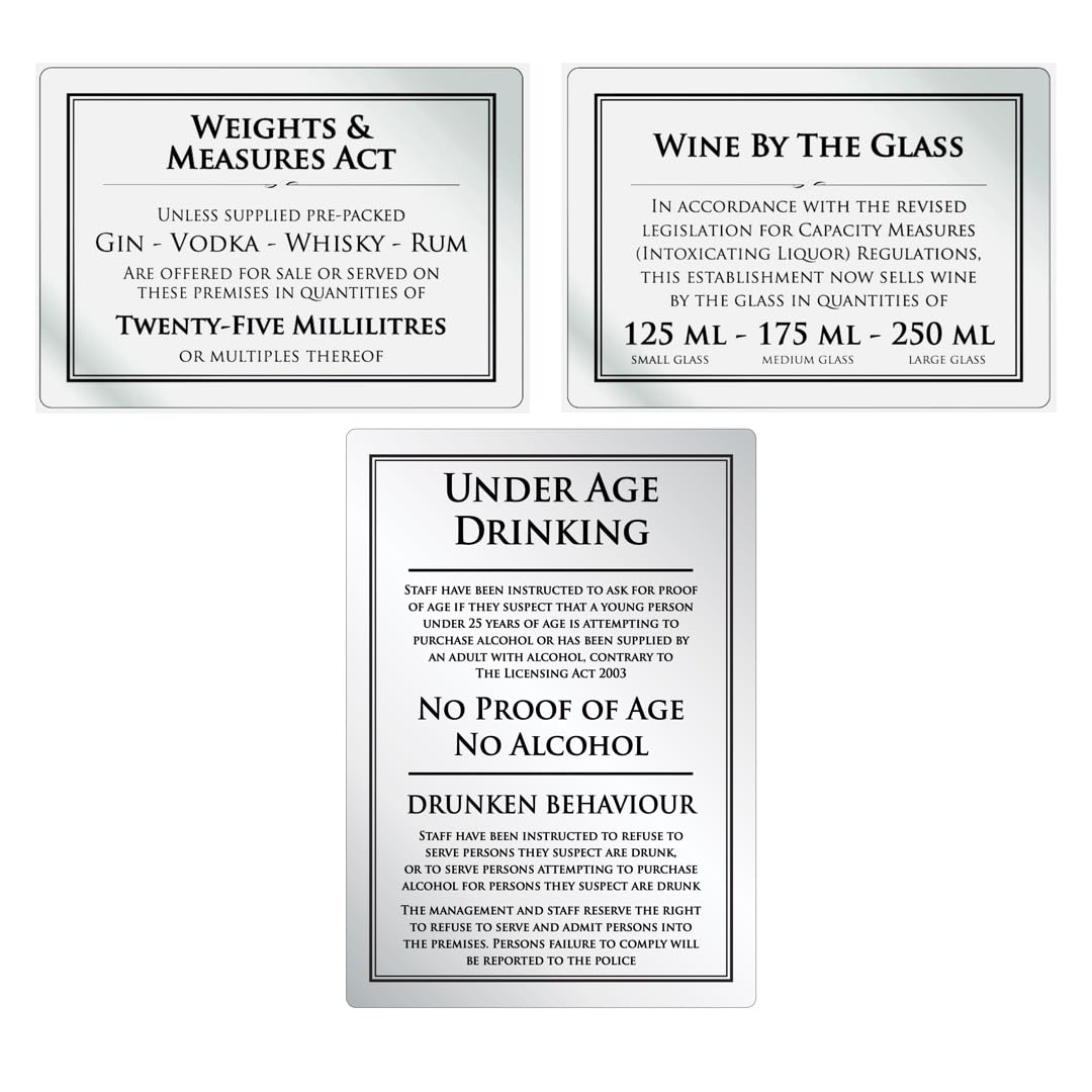 Bar Licensing Pack, Essential Law Signs for Weights & Measures Act 3 Black Silver Signs for Wine by the Glass (25ml, 125ml