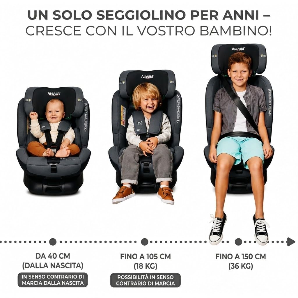 Nania, Parma, Seggiolino auto, i-Size, Girevole 360, evolutivo, nascita e fino a 12 anni circa, Gruppo 0/1/2/3, 40-150 cm, Seggiolino Auto ISOFIX, con indicatore elettronico di installazione