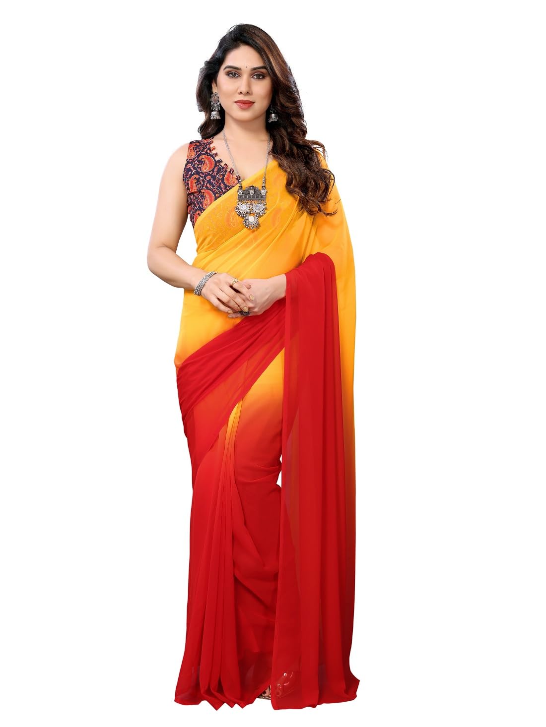 RAJESHWAR FASHION WITH RFWomen's Printed Georgette Sarees For Ladies & College Girls Farewell With Lace Border & Blouse