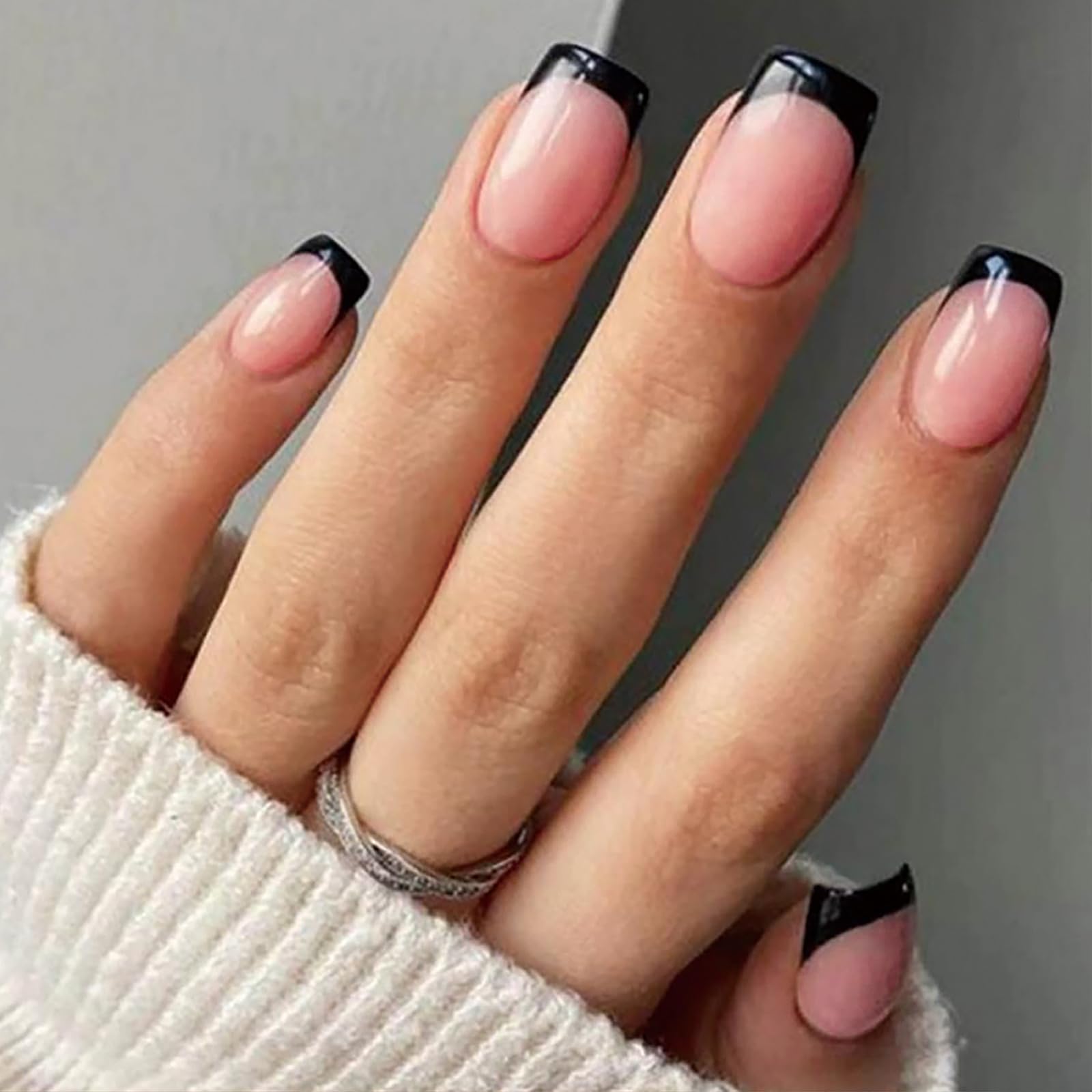 Uñas postizas con punta francesa - 240 uñas acrílicas medianas - Cobertura total - Kit de manicura francesa for mujeres(Pink-Black)