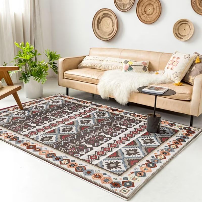 Tapis doux 60x90cm aux finitions soignées à rayures géométriques rouges