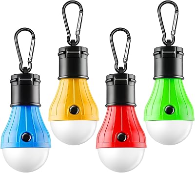 FLY2SKY 4Pcs Portable LED Camping Lights with Clip Hook Emergency Light | Battery Powered LED Tent Lights Bulbs Outdoor Camping Essentials for Hiking Backpacking Hurricane Power Outage Emergency Gear