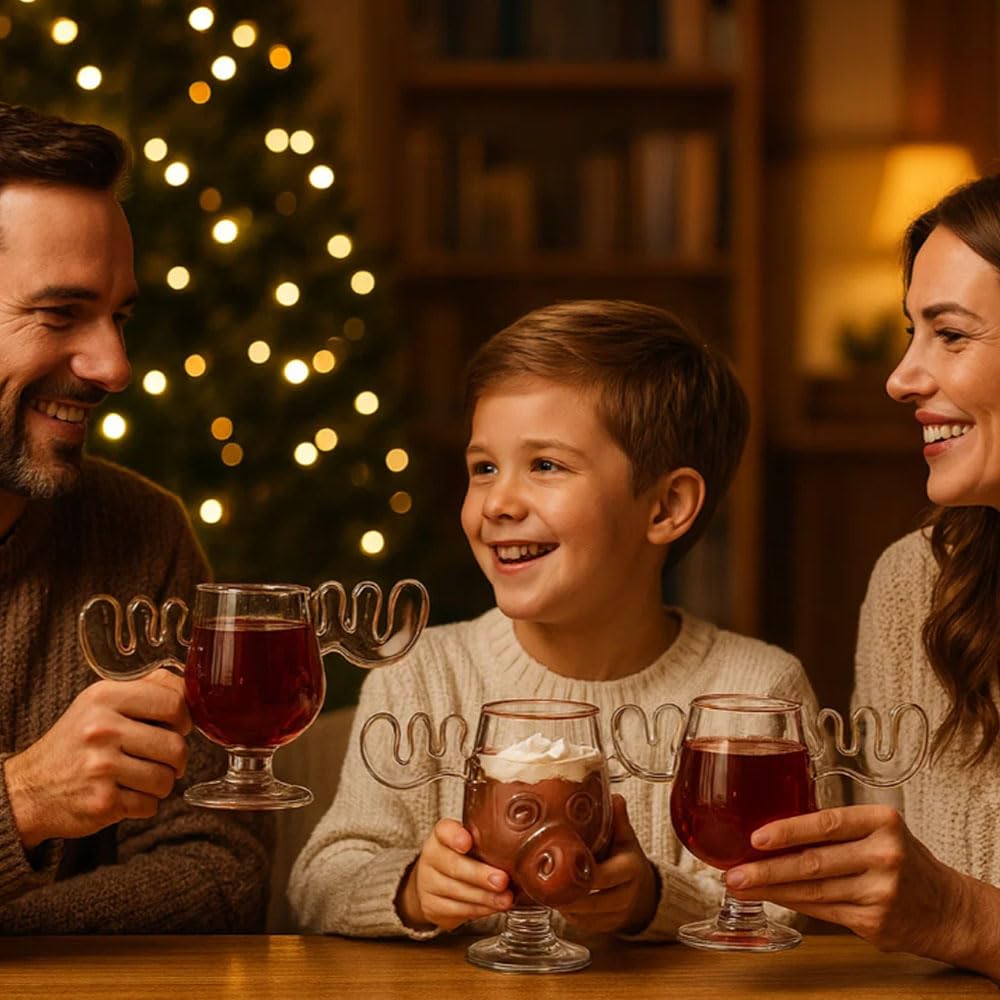Generisch Elchgläser Set – Weihnachtsgläser 300ml Hoch & Niedrig, Moose Christmas Glass, Elk Glasses Christmas Mug, Eierlikör Gläser für Winterdrinks (3 PC Kurzstielglas)