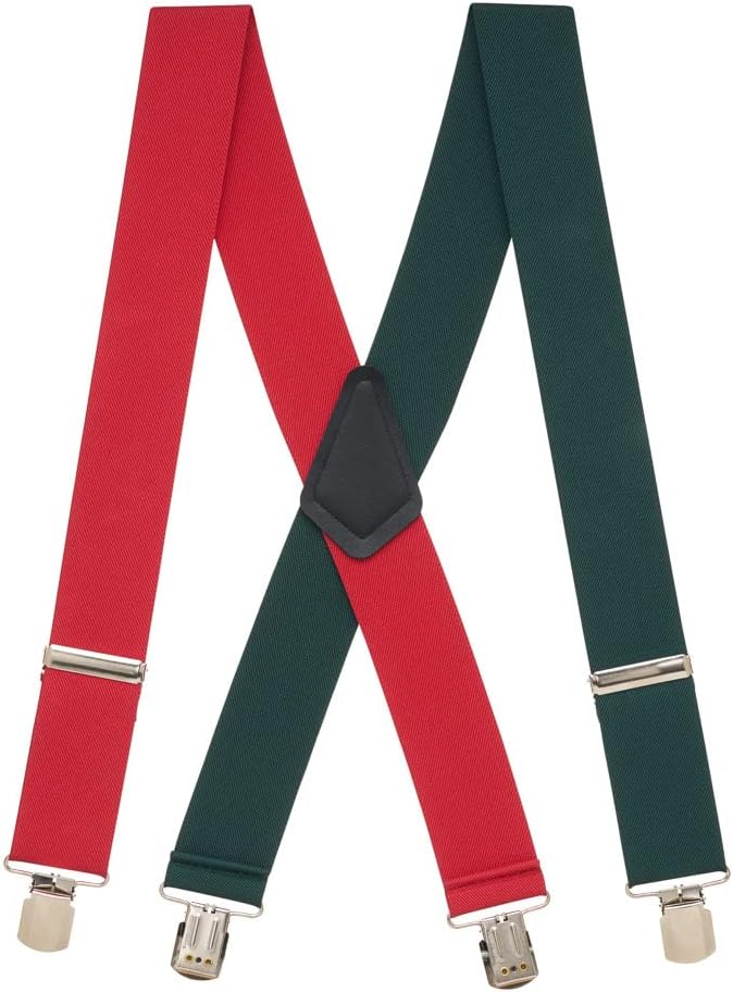 Suspender Store Novelty Red/Green Suspenders - 2 Inch Wide Elastic - X-Back - Pin Clip - 4 Sizes Including Big & Tall