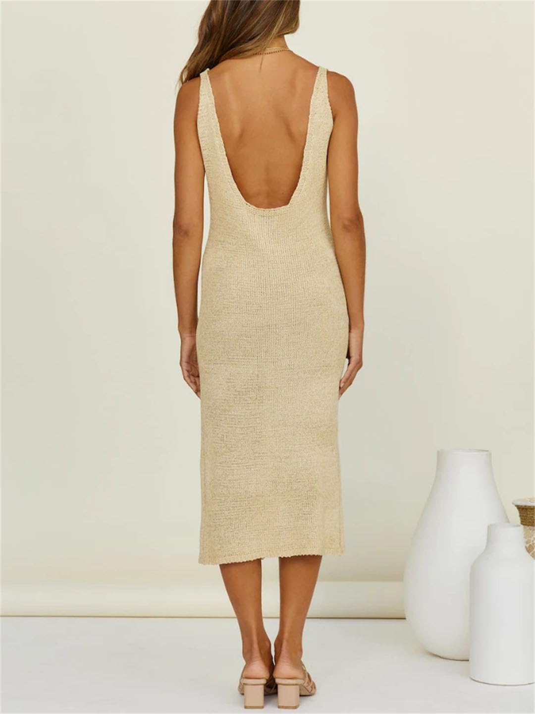LNNSHX Tunique d'été sans Manches pour Femmes, Dos Nu, Fendue sur Le côté, Robes de Plage tricotées Solides