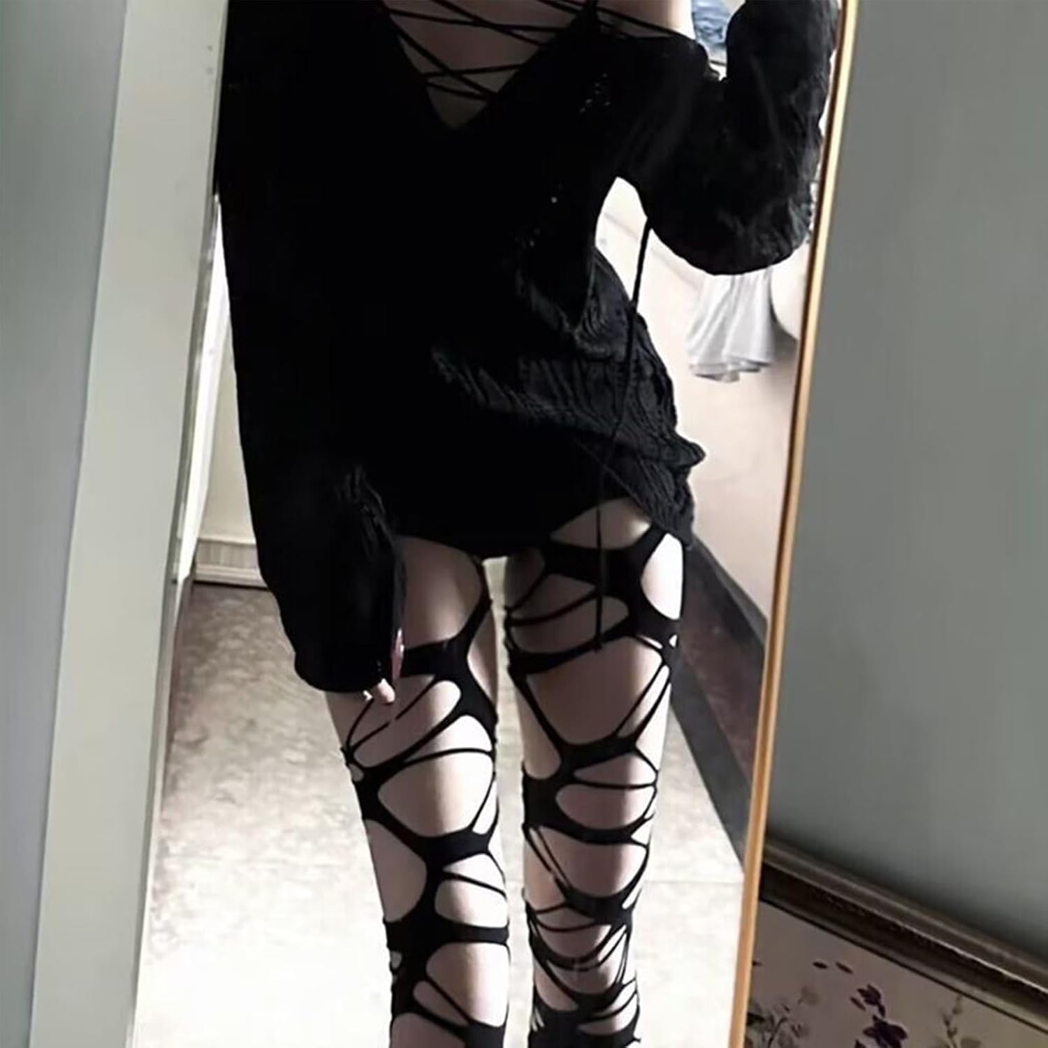 Halloween Women's Ripped Gothic Tights Fishnet Stocking, Ragged Pantyhose Hosiery Punk Perforated Stocking Y2k