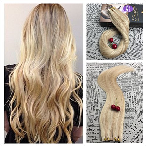 Moresoo 18 inch 100g Two-tone Colored Hair Bleach Blonde(Color 613) Highlighted with Honey Blonde 100% Remy Human Hair PU Tape In Hair Extensions Full Head 40 Pieces