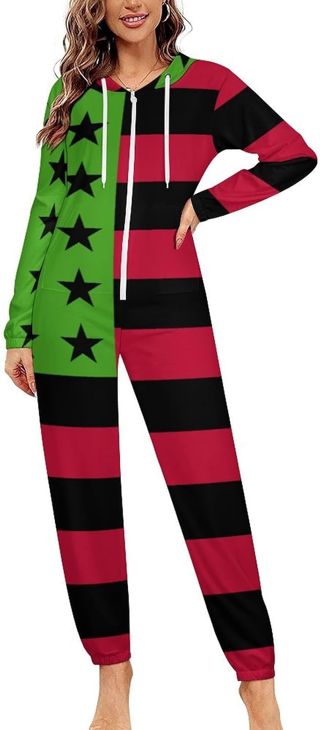Pan African U.S.A. Flag Adult Pajamas Onesie with Hood Pocket Jumpsuits One Piece Sleepwear