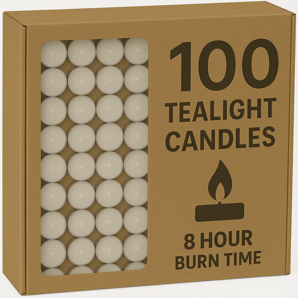 Bargain House Unscented Tea Lights,8 Hour Burn Time (3.8cm D x 1.8cm H),Smoke-Free,Clean Bright Flame – Long-Lasting Wax Tealight Candles, Ideal for Weddings,Home Décor,Aromatherapy (Pack of 100)