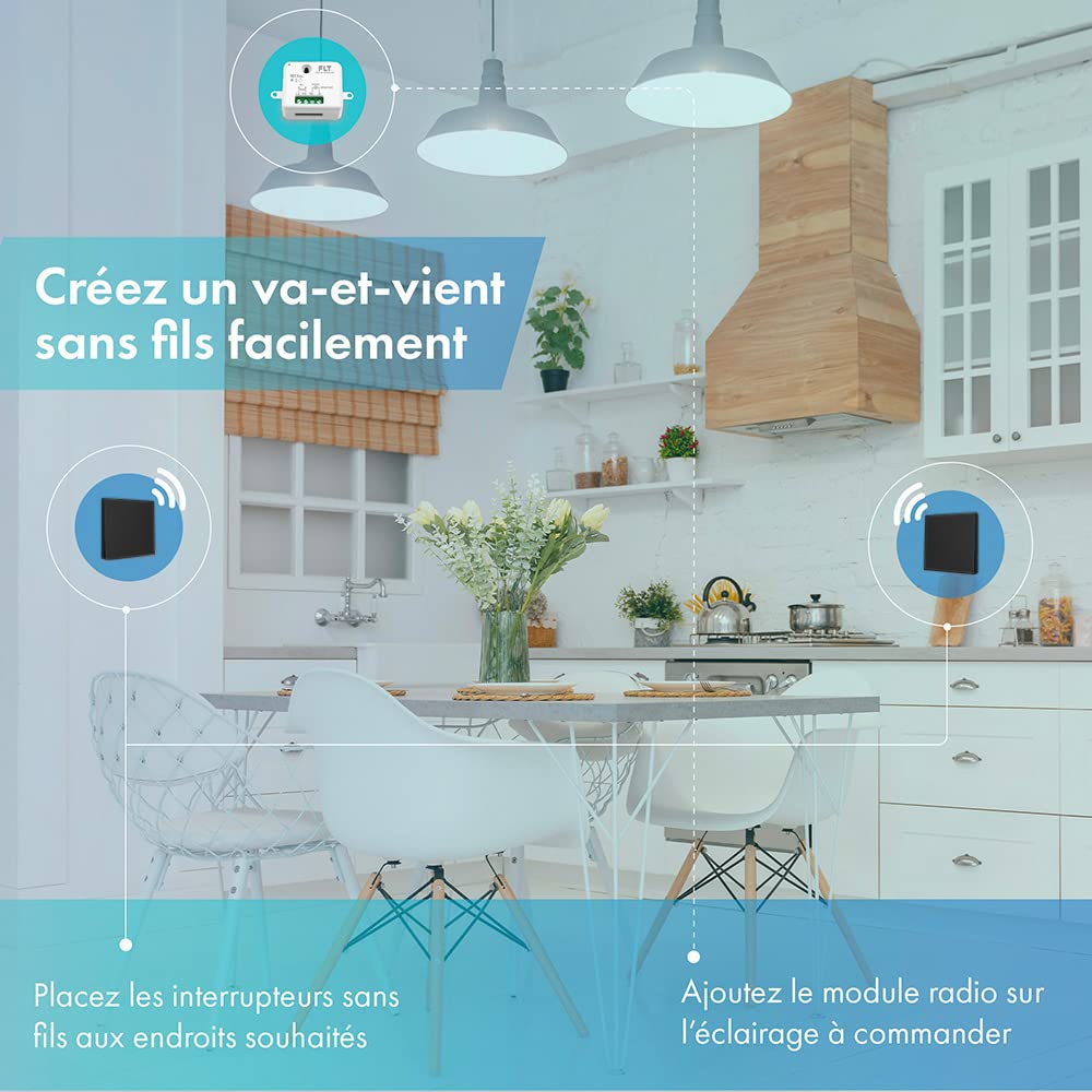 Interrupteur sans fil et sans pile Auto alimenté - Écologique - Qualité Pro - Va et vient RF 4 télécommande mural + 1 relais radio encastrable - Longue Distance - Intérieur Extérieur IP64