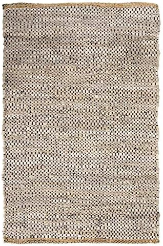 Bravich Beige Leather Chindi Rug Handmade Area Rag Rug 100% Recycled Leather Cotton Floor Mat Hand Woven Traditional Indian 60x90cm (2'x3')