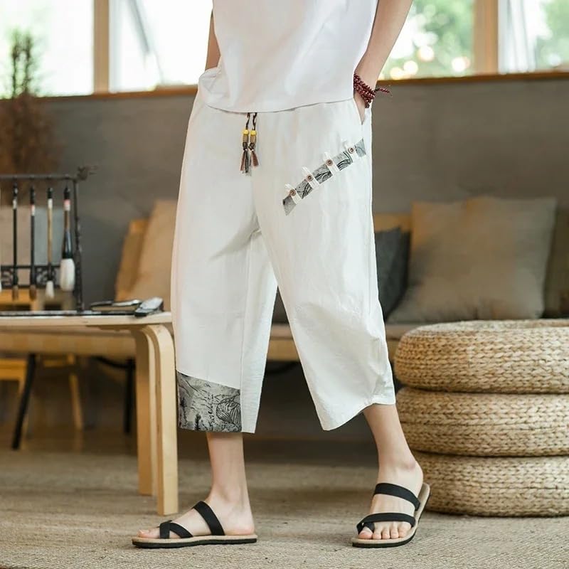 Japanese Cotton Linen Harem Pants Mens Summer Print Cropped Pants Men's Casual Elastic Waist Trousers3