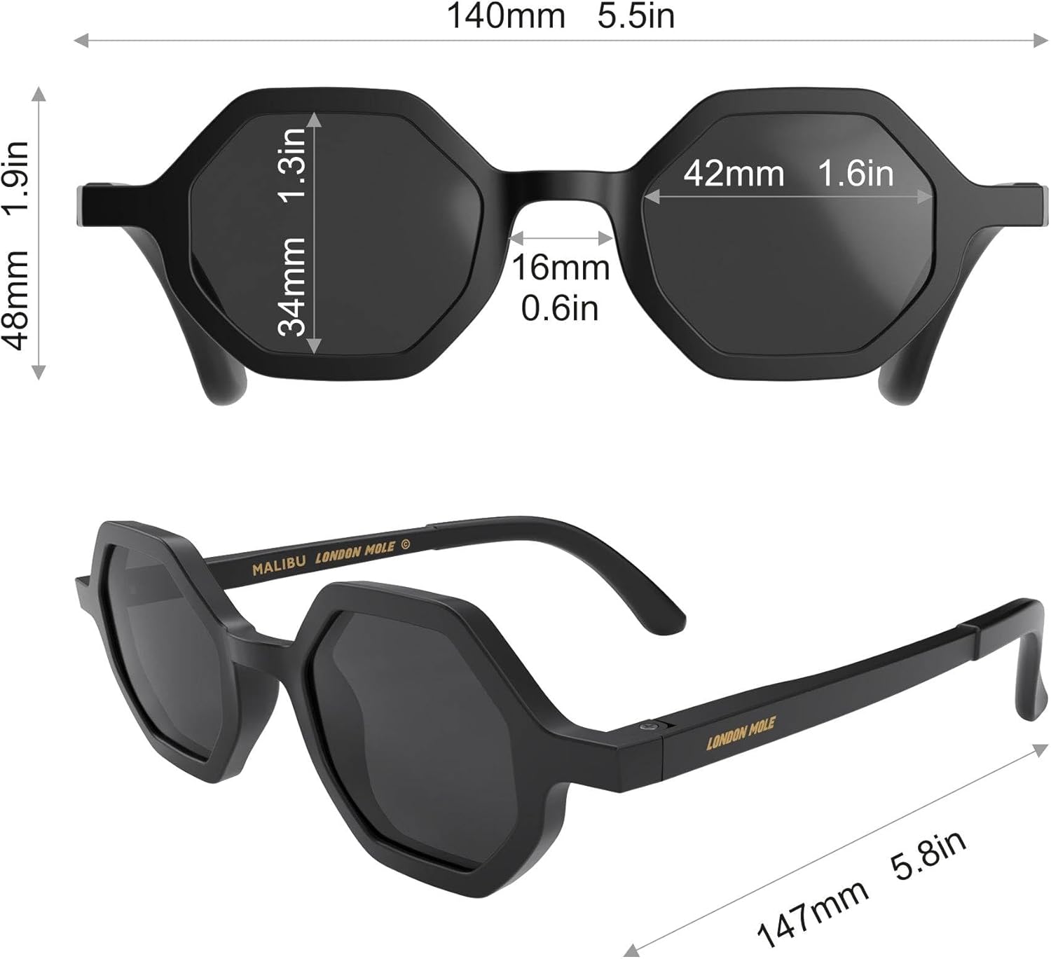 LONDON MOLE® Malibu sunglasses | Cool hexagonal/octagonal shaped glasses | Men’s Women’s Unisex | Spring hinges