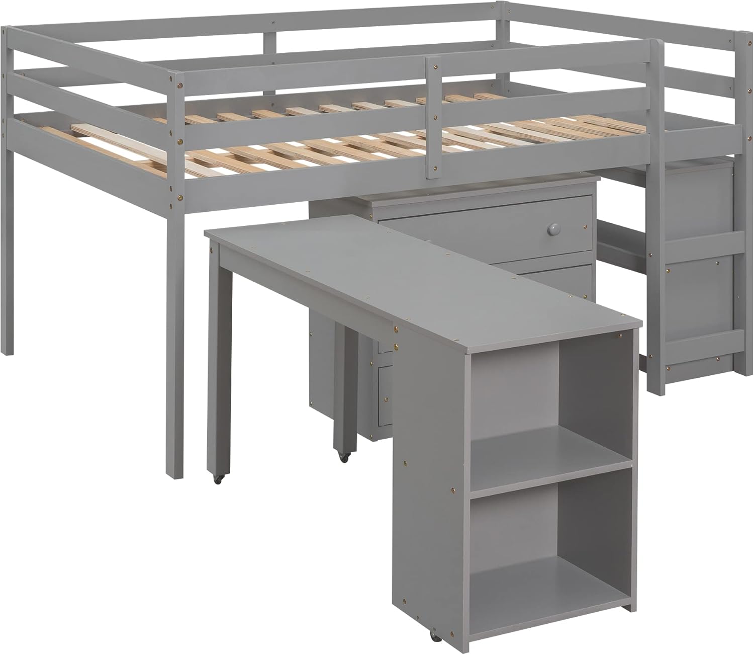 Harper & Bright Designs Kids Full Size Low Loft Bed with Rolling Desk and Storage Cabinet, Wood Loft Bed Frame with Bookshelf (Grey, Full)