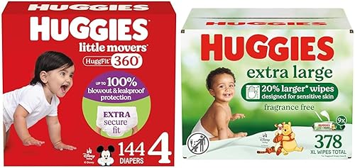 Little Movers HuggFit 360 Bundle Huggies Little Movers HuggFit 360 pañales, talla 4 (22-37 libras), 144 unidades y toallitas Huggies extra grandes,