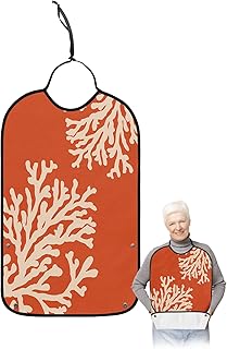 Kewadony Adult Bibs for Elderly Women - Coral Orange Waterproof Dining Clothing Protectors with Crumb Catcher for Eating/Feeding, Nautical Coastal Ocean Theme Marine Terry Cloth Bib Machine Washable