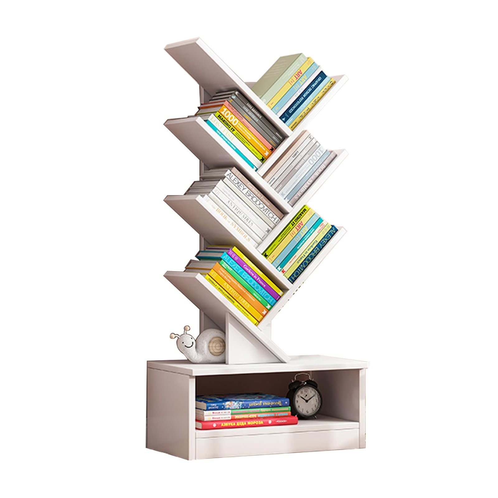 ASerZenith Modern Tree-Shaped Bookshelf 39.4In White Storage Rack With Anti-Tipping Design For Books & Cds Stylish For Bedroom & Living Room Furniture