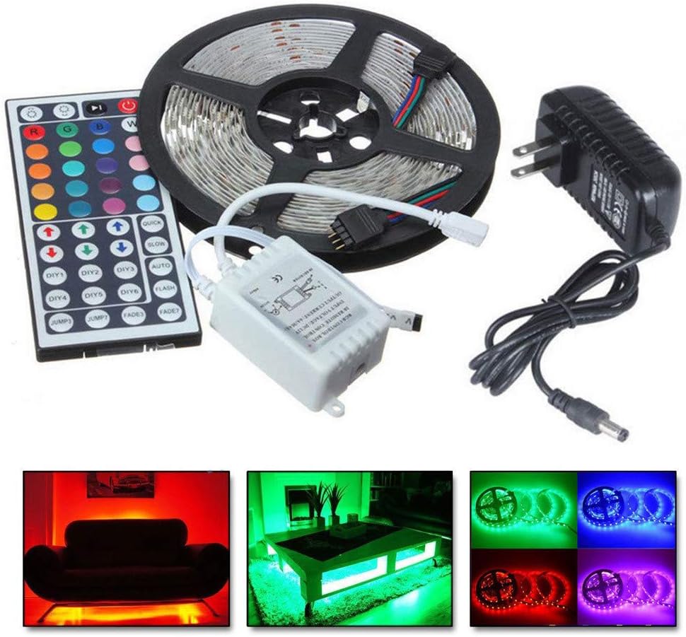 Redgiants 5M RGB 5050 Non Waterproof LED Strip Light SMD 44 Key Remote 12V Power