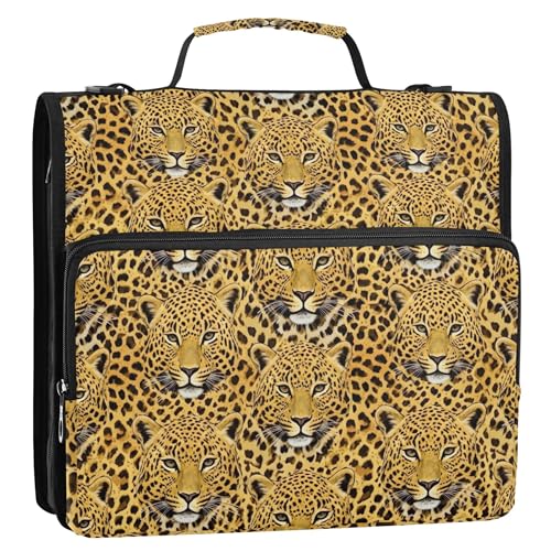 ファニージッパーバインダーオーガナイザー 1.5インチ 3リングバインダー 高耐久 ヒョウ柄 黄色のポートフォリオ 500枚収納 ホルダーキーパーバインダーバッグ ストラップ付き 学校用