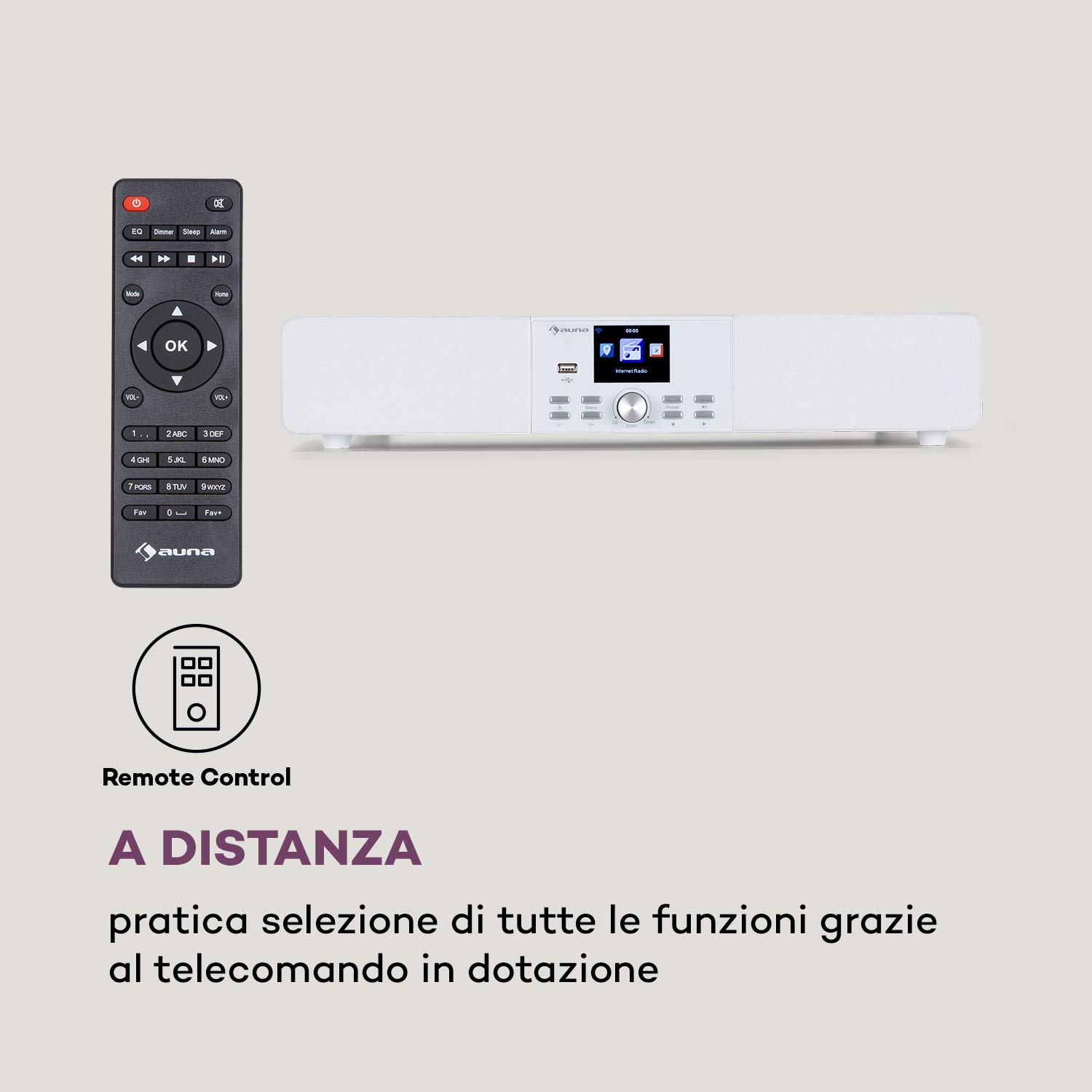 AUNA Stealth Base - Connect Soundbase, 2x15 W + 30 W RMS, Radio Web/DAB+/FM, Bluetooth, AirMusic Control App, Display LC da 2,8", Porta USB, Ingresso Line, Bianco