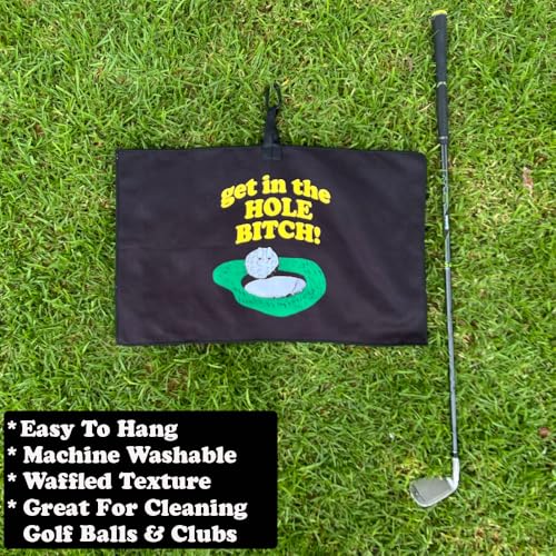 Giggle Golf Funny Golf Towel & Tee Bag Set for Men – 15 x 24 Inch Microfiber Waffle Towel + Drawstring Tee Pouch with Clip | Great Novelty Golf Gift & Tournament Prize (Black - Get in The Hole)