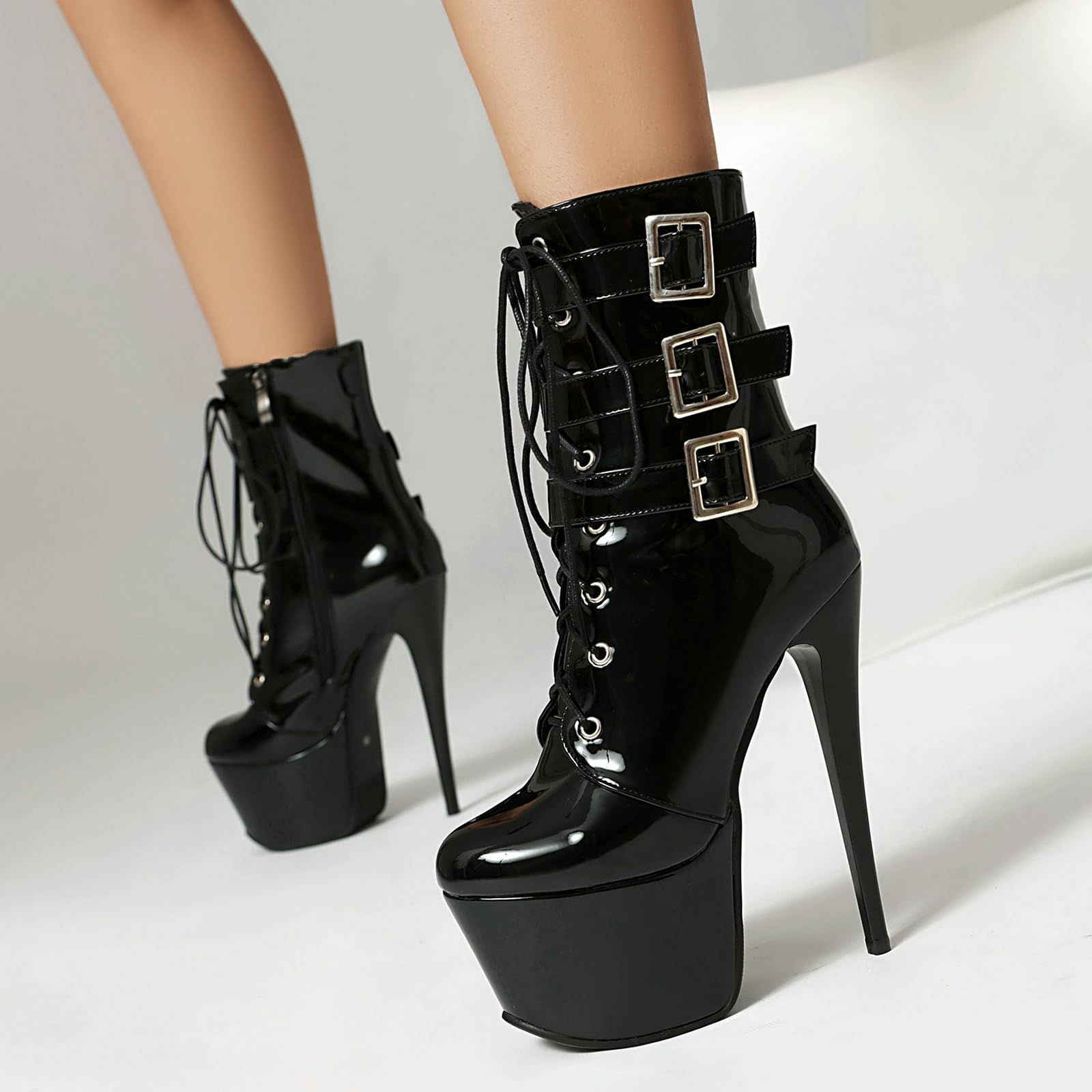 15.5CM/6.1IN Stiletto Super High Heel Femmes Bottines en Cuir Verni Round Toe Ceinture Boucle Bottines Bottes De Performance De Scène