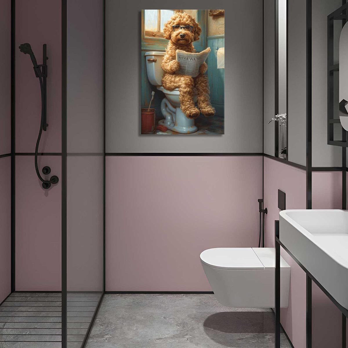Beshdomp Vintage Goldendoodle On Toilet Reading Newspaper Posters Wearing Glasses Animals Canvas Wall Art Dog Lovers Restroom Prints Painting For Home Bedroom Dorm Wall Decor 24x36in Framed