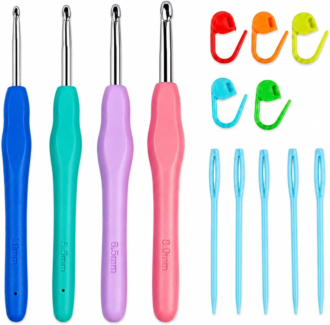 4 Sizes Crochet Hooks Set with Stitch Markers & Yarn Needles, Ergonomic Soft Grip Handles for Beginners & Arthritic Hands, 4.0mm 5.5mm 6.5mm 8.0mm Aluminum Knitting Needles for Scarves, Hats,