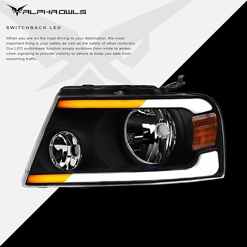 Miniatura 28 de Alpha Owls 8711378 Projector Headlights With Switchback Sequential LED Bar & Startup Light - Black Amber Fits 2004-2008 Ford F150 / 2006-2008