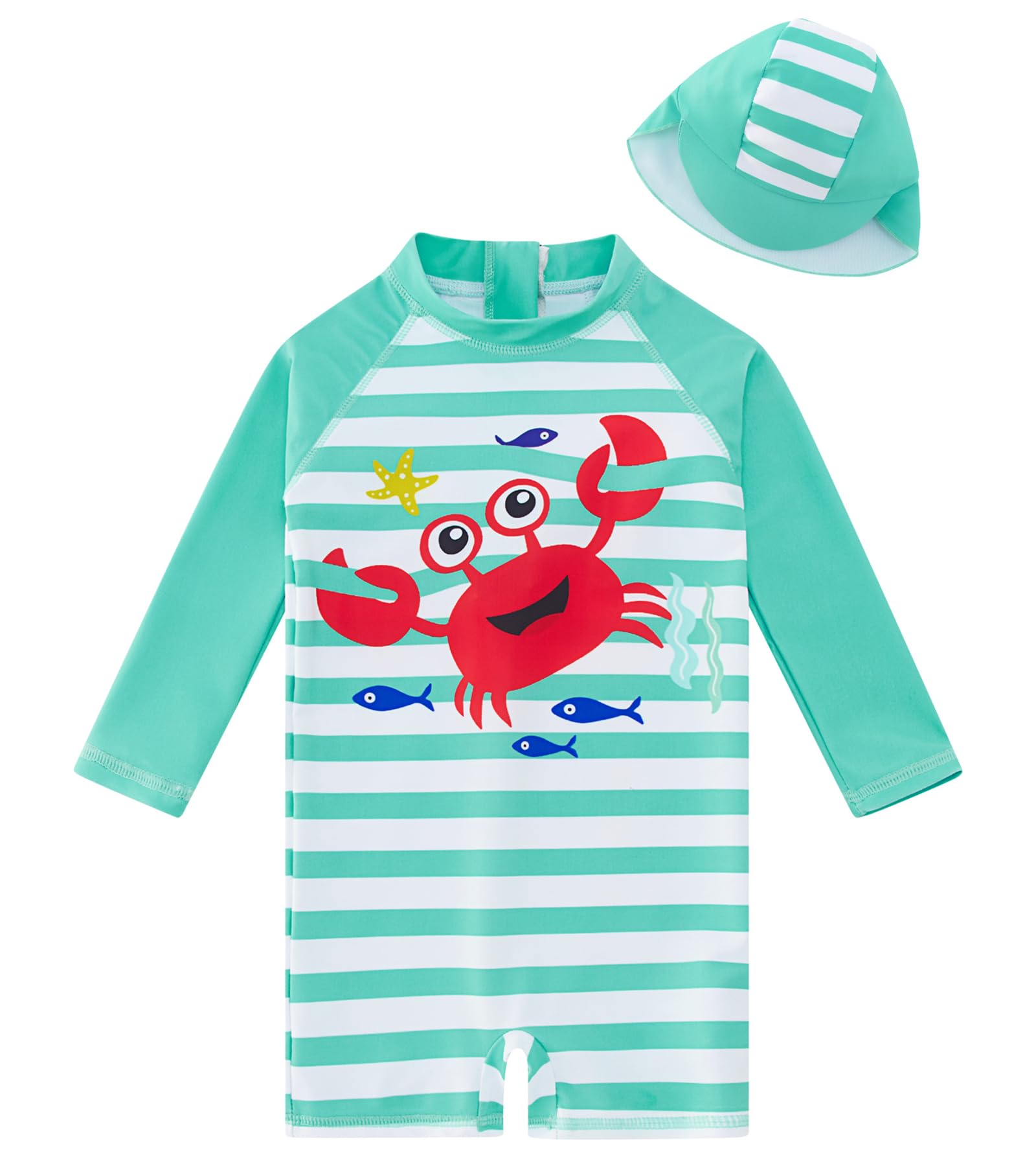 uideazone Baby Boys One Piece Swimsuit Long Sleeve UPF 50+ Rash Guard Bathing Suit Swimwear with Sun Hat 3-24 Months