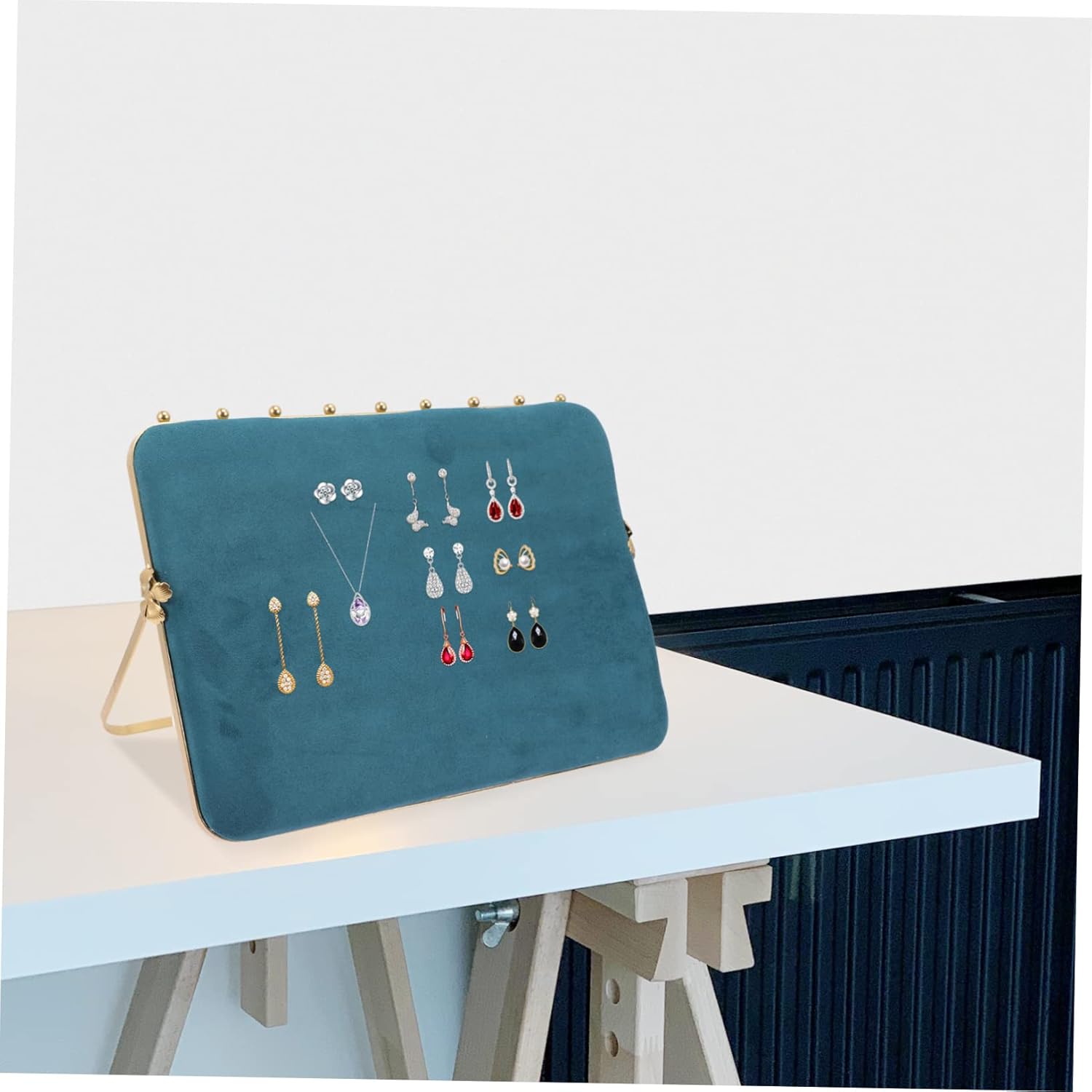 Nordic Style Earring Organizer Jewelry Display Tray with Necklace Holder and Ear Stand Multi Functional Metal Jewelry Rack for Earrings and Necklaces Space Saving Pink and Green