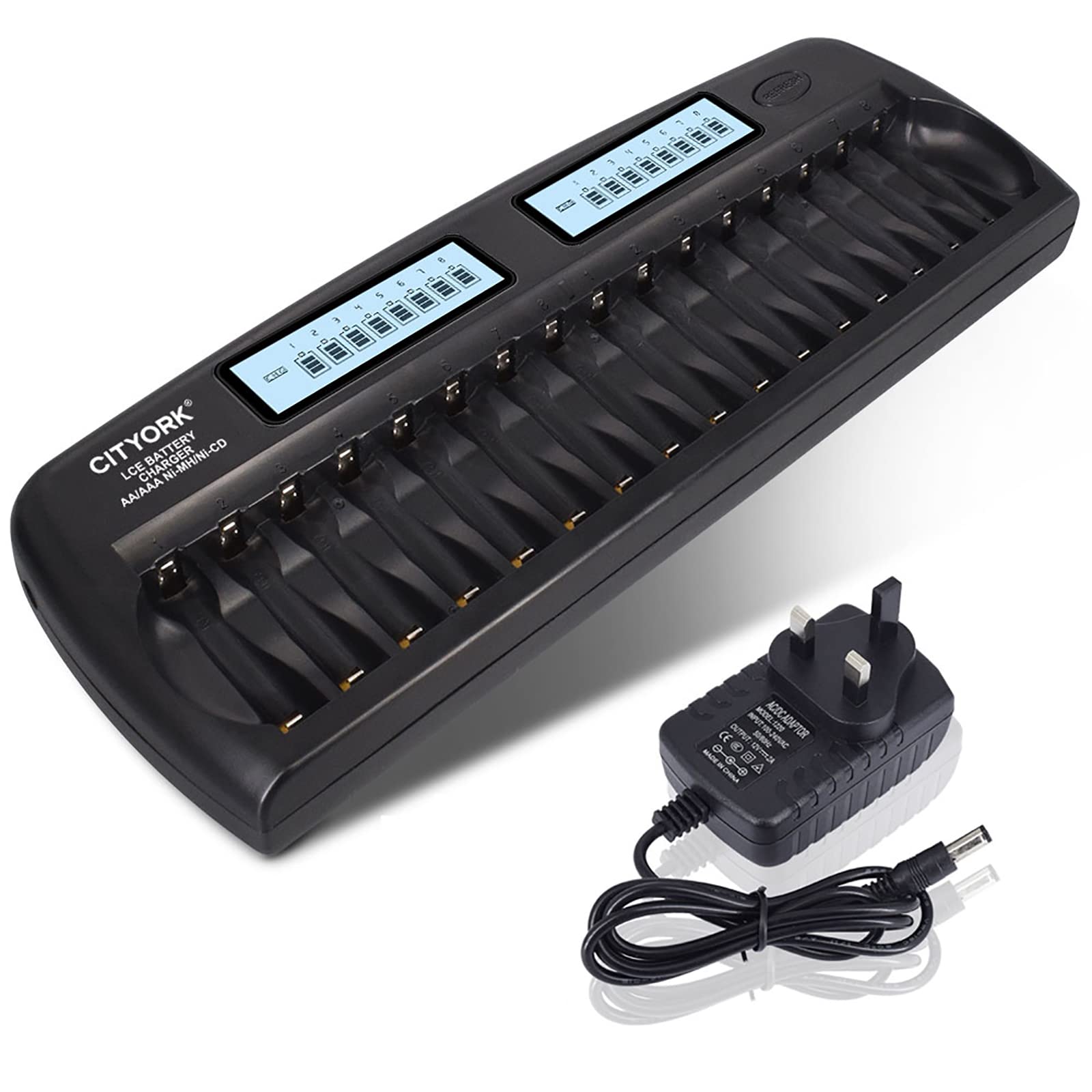 CITYORK Chargeur de batterie intelligent AA/AAA à 16 emplacements, protection IC intégrée pour piles rechargeables AA/AAA NiMH/NiCd avec fonction de décharge et écran LCD