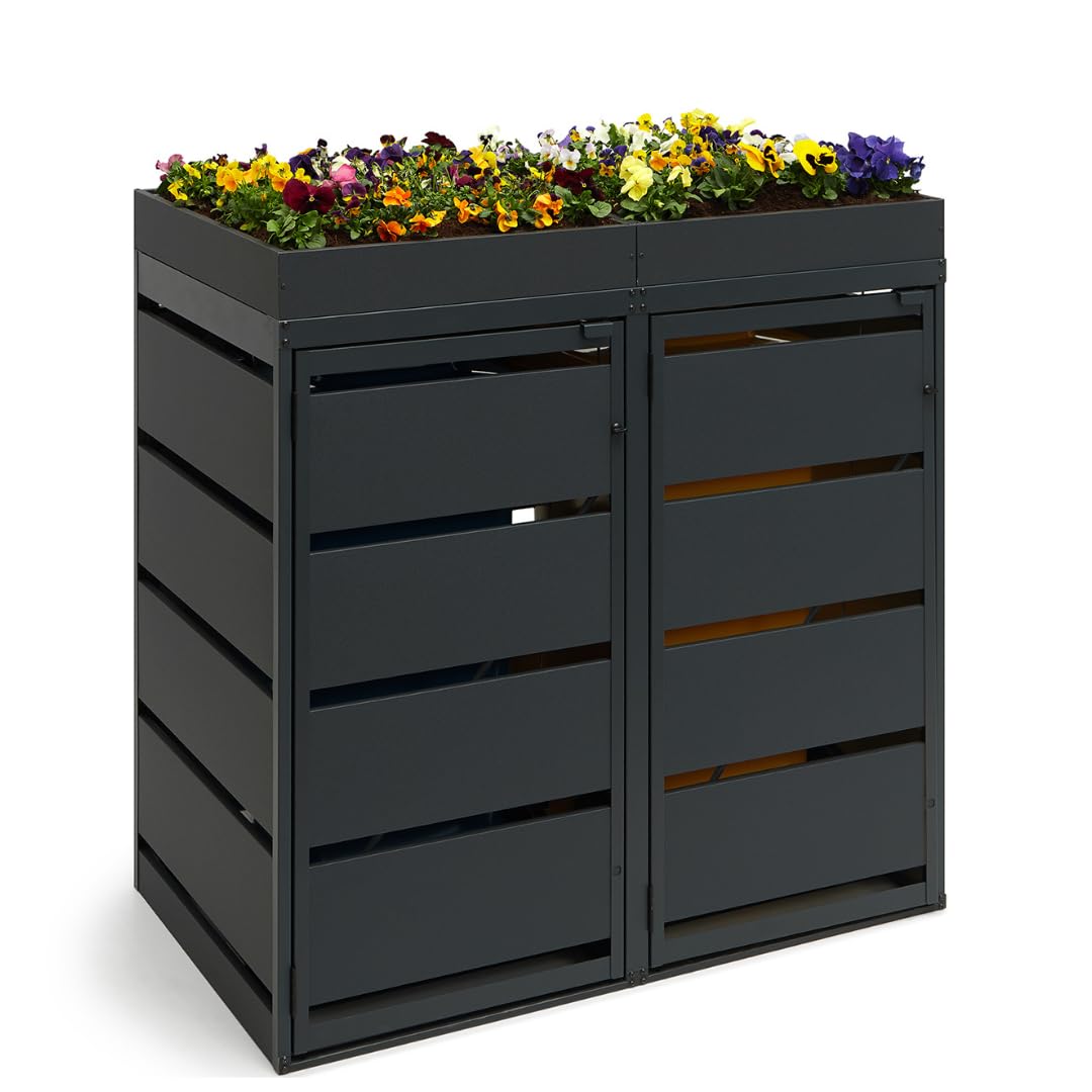 Classic Flora | Mülltonnenbox 1er für 120l mit Pflanzdach - Mülltonnenverkleidung aus verzinktem Stahl in Anthrazit, robuster & wetterfester Mülltonnenunterstand