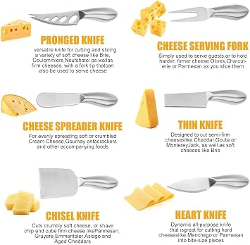 Premium Stainless Steel Cheese Tool Set - 6 Piece Cheese Knife Set - Cut, Spread All Your Favorite Cheeses