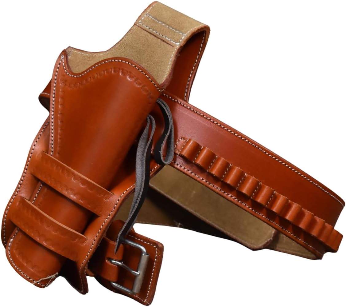 Western Full Grain Buff Leather Gun Holster Set & Ammo Belt – Handcrafted Classic Vintage Cowboy Revolver Belt with Bullet Loops, Fits 4"–6.5" Barrel