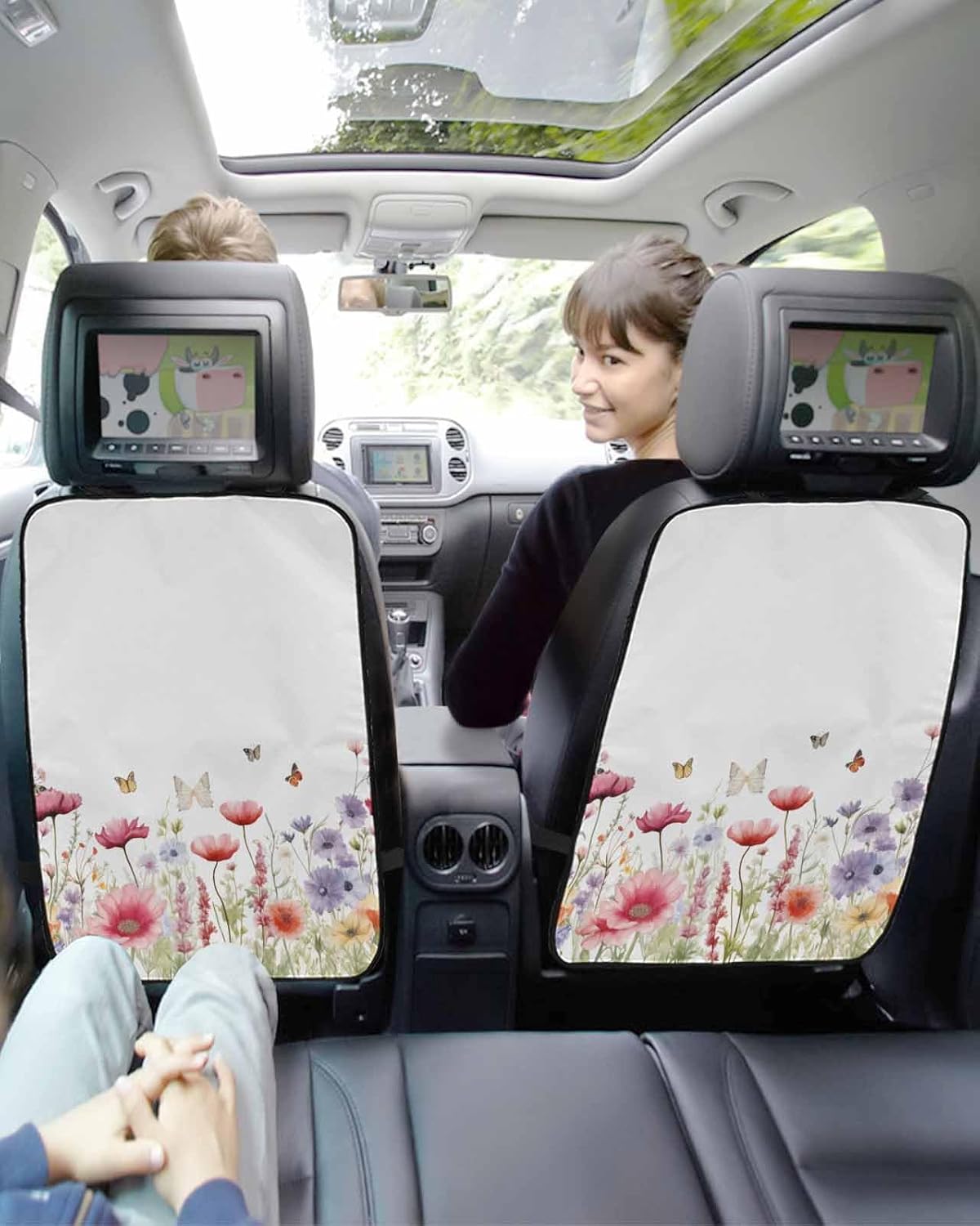 T&H XHome Car Seat Protector, 2 Pack Kick Mats Back Seat Protector Watercolor Red Purple Wild Flowers with Butterflies Waterproof Backseat Cover for Kids Universal Fit Automotive Interior Protectors