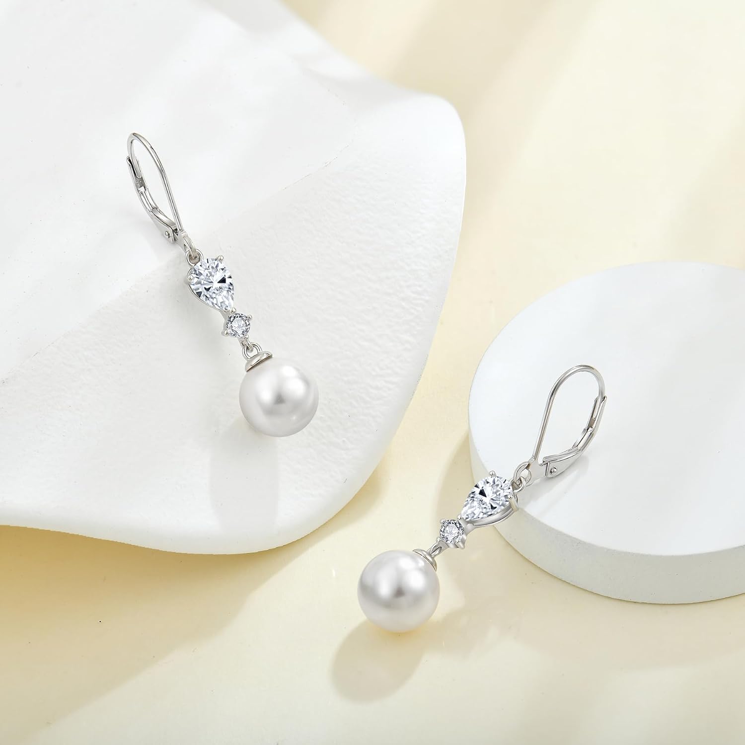 Women Pearl Dangle Drop Earrings with Birthstone 925 Sterling Silver Leverback Earring with 10MM White Pearls - Image 5