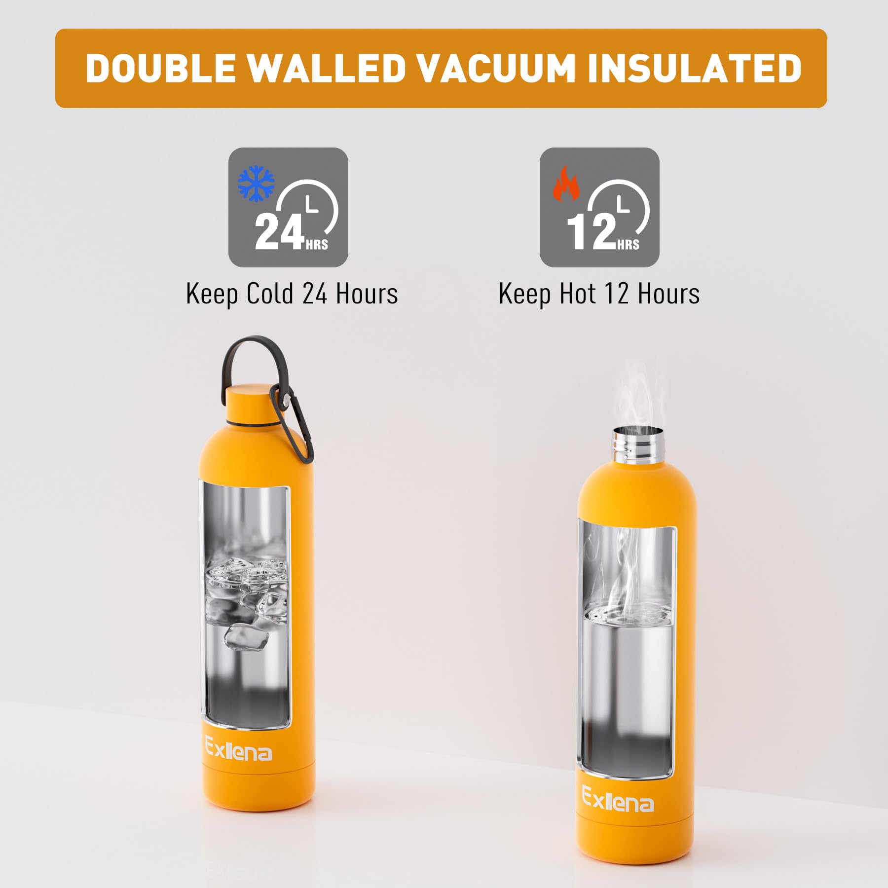 Exllena Borraccia Termica 1 Litro con Maniglia e Moschettone - Bottiglia Termica 1 Litro Mantenere Calore/Freddo - Senza BPA - 100% A Tenuta Stagna per Escursioni, Campeggio, Viaggi, Sport...(Mango)