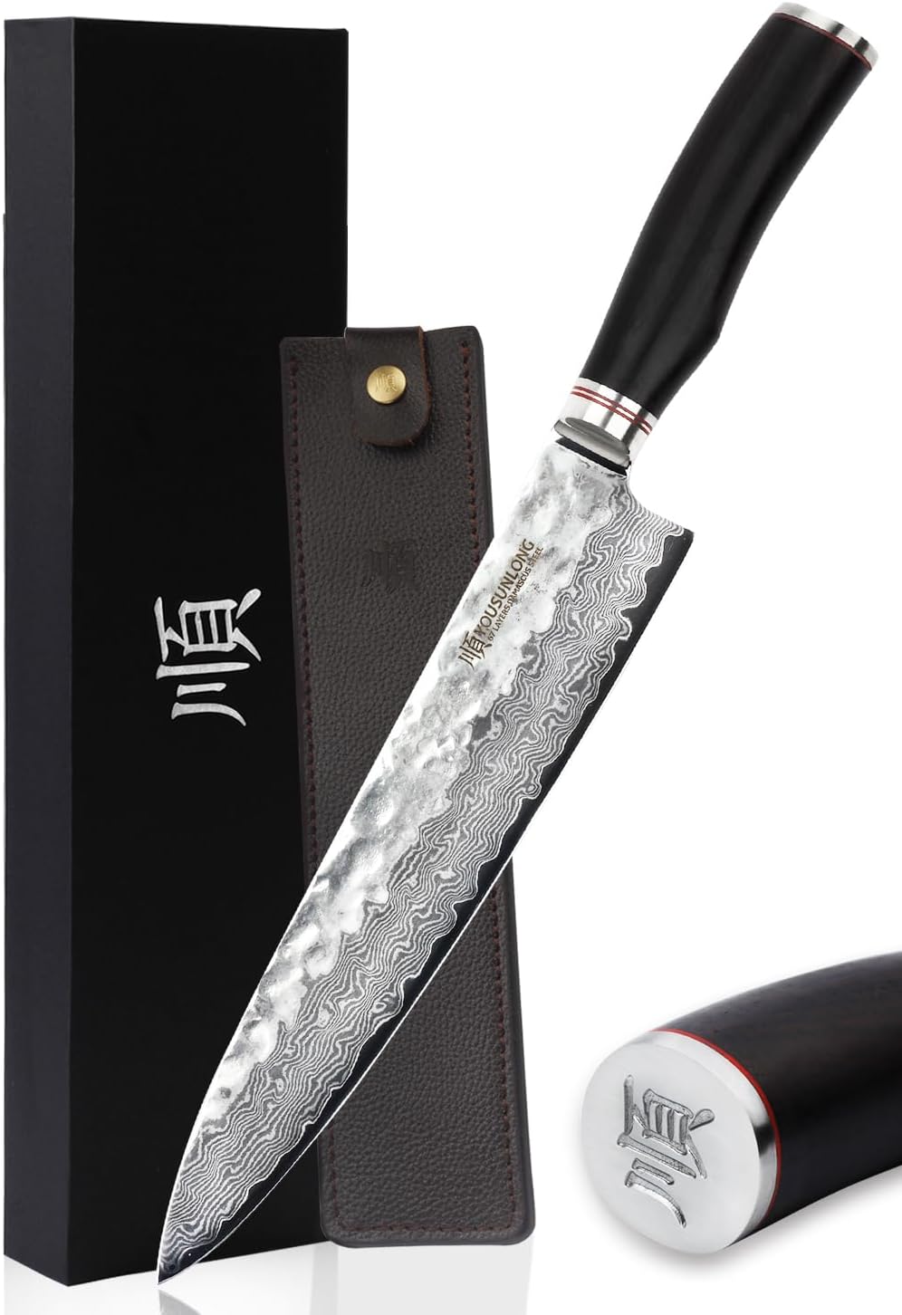 YOUSUNLONG Gyuto 10 inch Pro Chef's Knives Japanese Hammered Damascus Natural Leadwood Handle with Leather Sheath