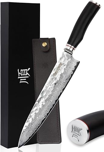 Miniatura 9 de YOUSUNLONG Cuchillo Max Chef – 12 pulgadas (12.008 in) – Acero de Damasco martillado japonés – Cuchillos de chef profesional Gyuto – Cuchillo de