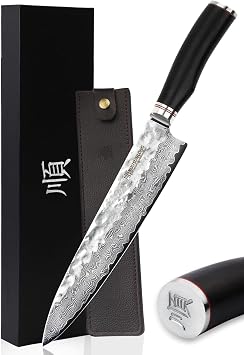 YOUSUNLONG Gyuto 10 inch Pro Chef's Knives Japanese Hammered Damascus Natural Leadwood Handle with Leather Sheath
