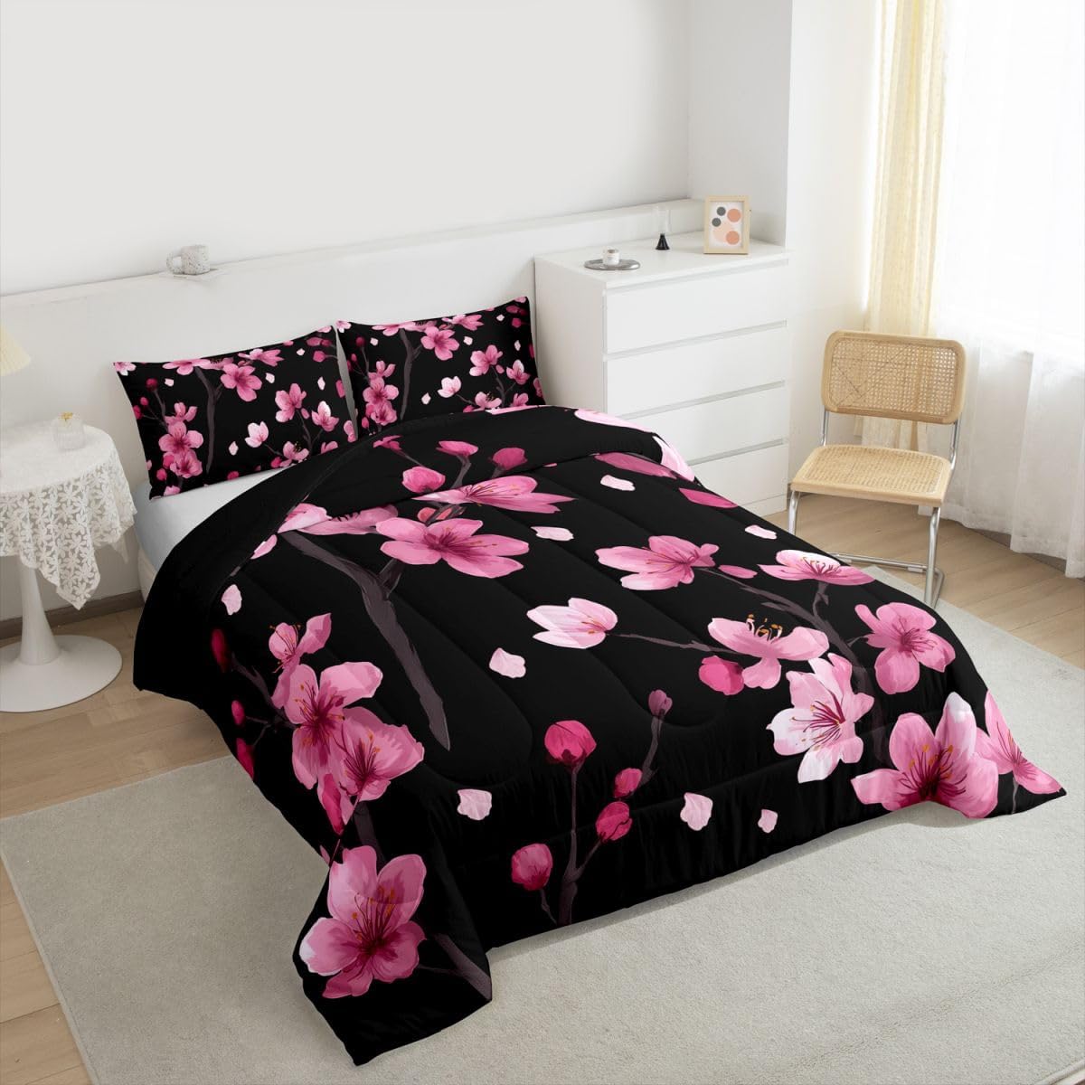 Erosebridal Pink Cherry Blossoms Comforter Set Twin Sakura Flower Bedding Set, Black and Pink Bedding Comforter Sets Japanese Style Duvet, Aesthetic Spring Theme Quilted Comforter Soft (2 Piece)