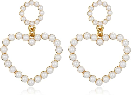 أقراط MUYAN Pearl Heart المتدلية للنساء، أقراط حب لؤلؤية مطلية بالذهب عيار 14 قيراط، عيد الحب، عيد الميلاد، الزفاف، مجوهرات عيد الميلاد